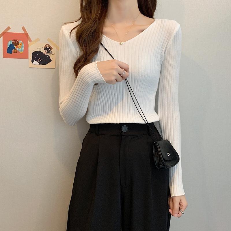 Damen V-Ausschnitt Pullover Slim Pullover Eng Langärmlig Einfarbig Einheitsgröße Strickware Frühling Herbst Pendeln
