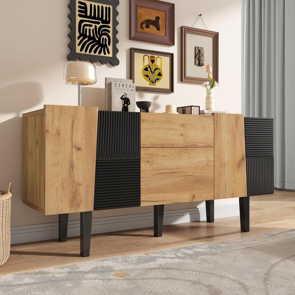 Sideboard 2 Türen, 2 Schubladen, Moderne Kommode TV-Schrank Stauraum, Buffetschrank Anrichte Esszimmer, Wohnzimmer, Schlafzimmer, Eiche & Schwarz