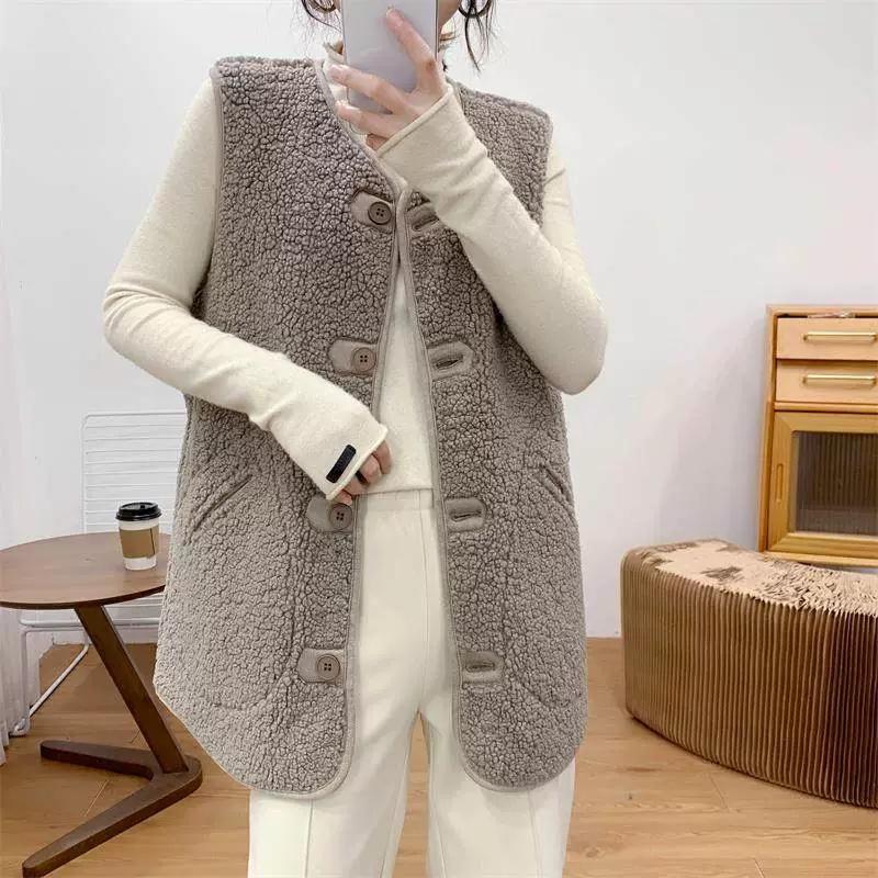 Women Pocket Vest Coat Jacket Winter Sleeveless Fleece Button Solid Outerwear