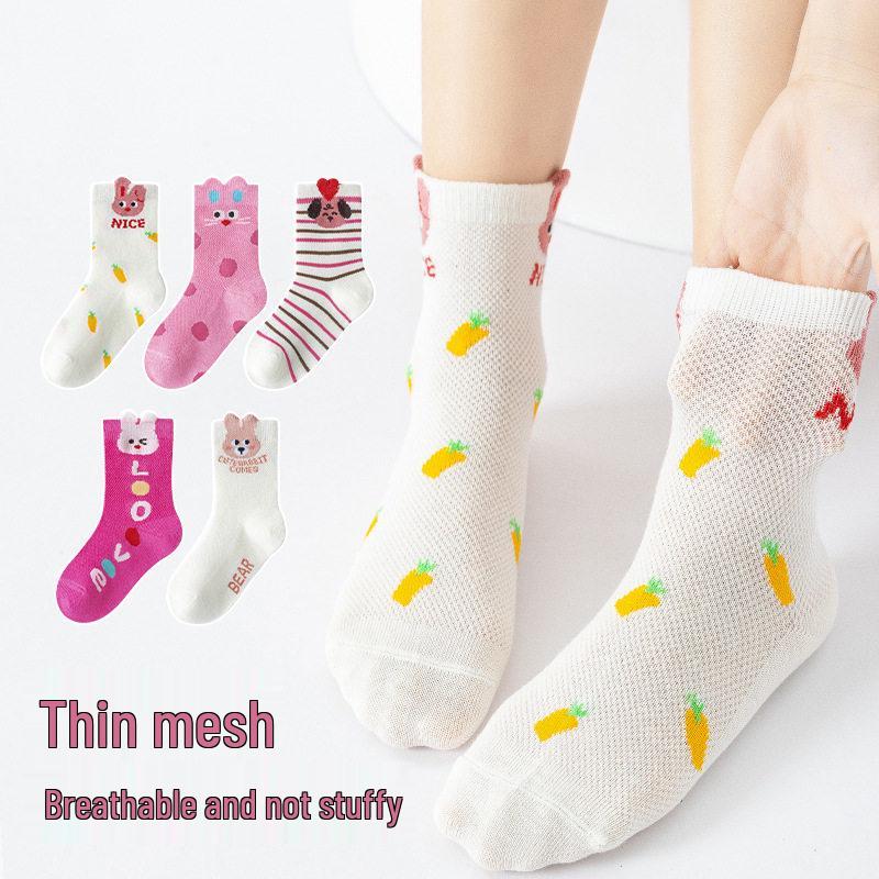 Spring Summer Girls' Breathable Cartoon Mid-Calf Cotton Mesh Socks