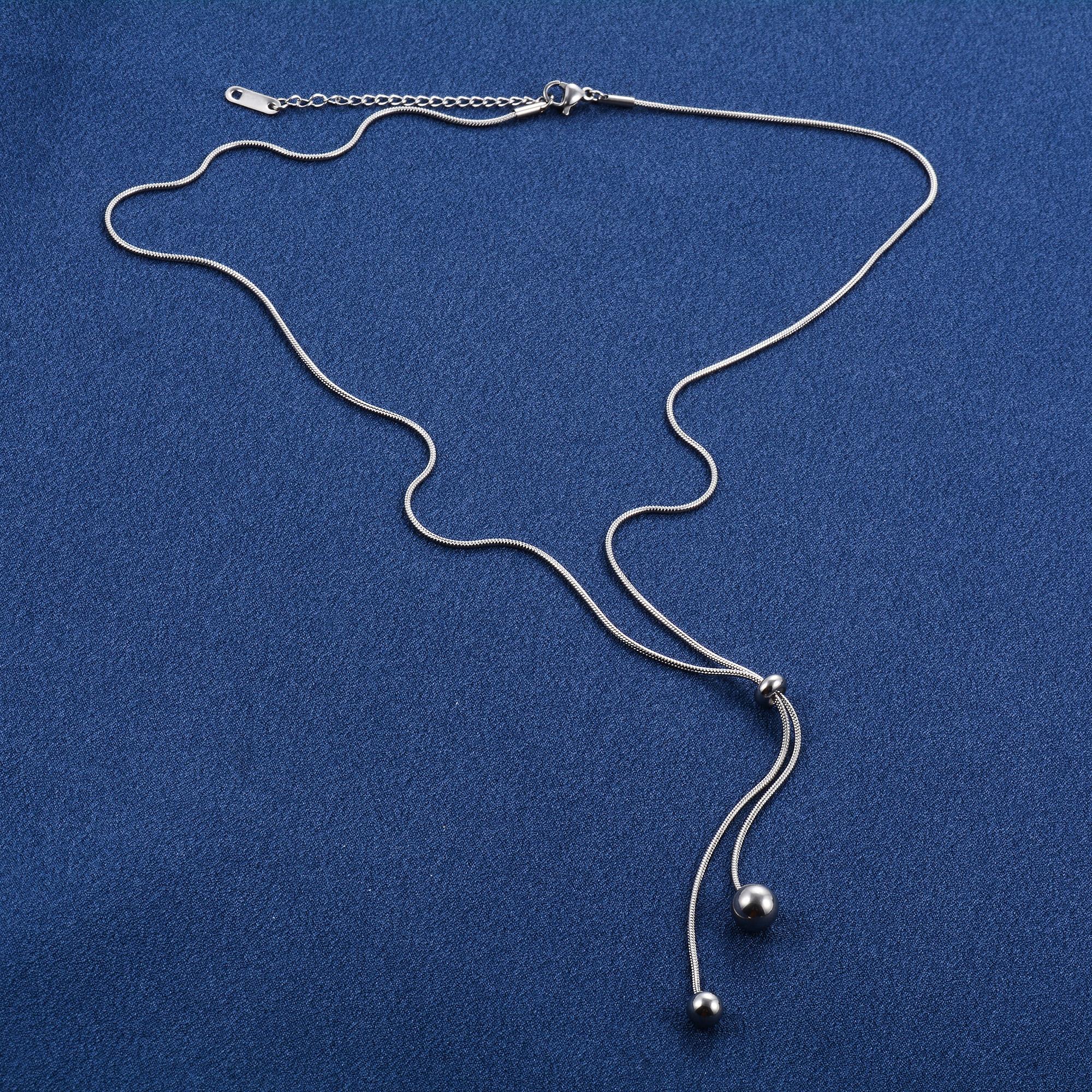 

Unique Adjustable Pull Stainless Steel Sweater Snake Bone Chain Bead Pendant Y Lariat Necklace for Women Metal Clavicle Choker 45cm Plus Extension