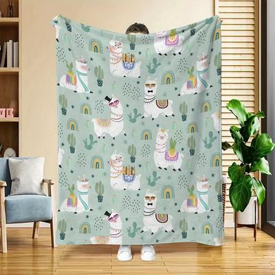 Cartoon Alpaca Print Throw Blanket for Sofa, Bed, Office Nap, Travel, and Ideal Gift for Family and Friends