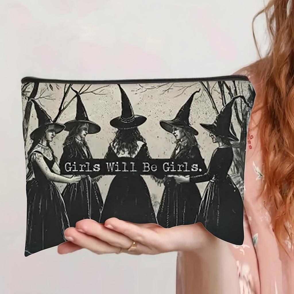 Mystical Witch and Moonlight Makeup Bag Enchanting Witches Illustration Black Polyester Cosmetic Pouch Halloween Holiday Gifts