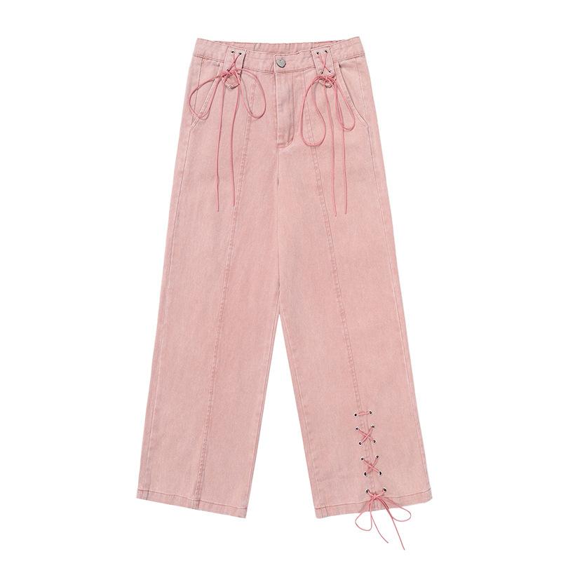 

Ранние джинсы с высокой талией, женские новые кружевные свободные широкие брюки с прямыми штанинами L розовый