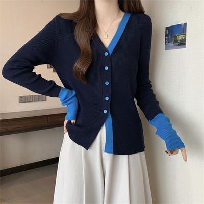 Color Block V Neck Long Sleeve Knit Top Women Spring New Single Breasted Design Slim Fit Versatile Blouse