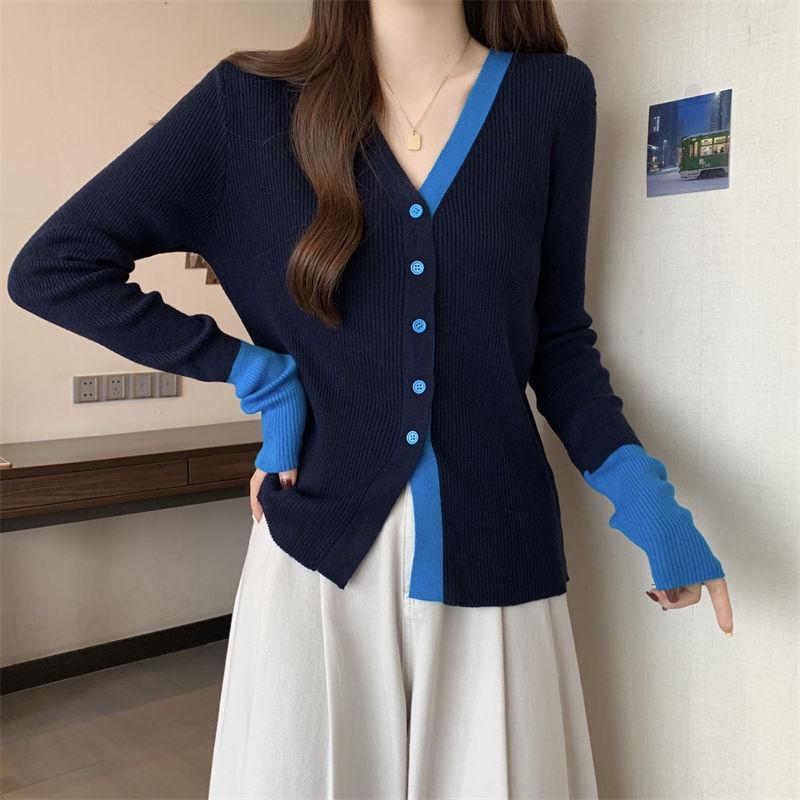 Color Block V Neck Long Sleeve Knit Top Women Spring New Single Breasted Design Slim Fit Versatile Blouse