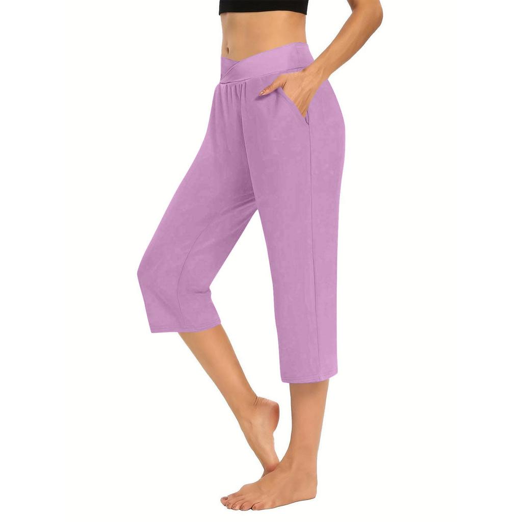 Damen Elastische Hohe Taille 3/4 Hose Lässige Passform Weite Capri-Hosen mit Taschen