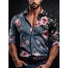 Men's Contrasting Rose Print Long Sleeved Shirt with Slim Fit Collar Shirt for Vacation Parties and Street Fashion Tops