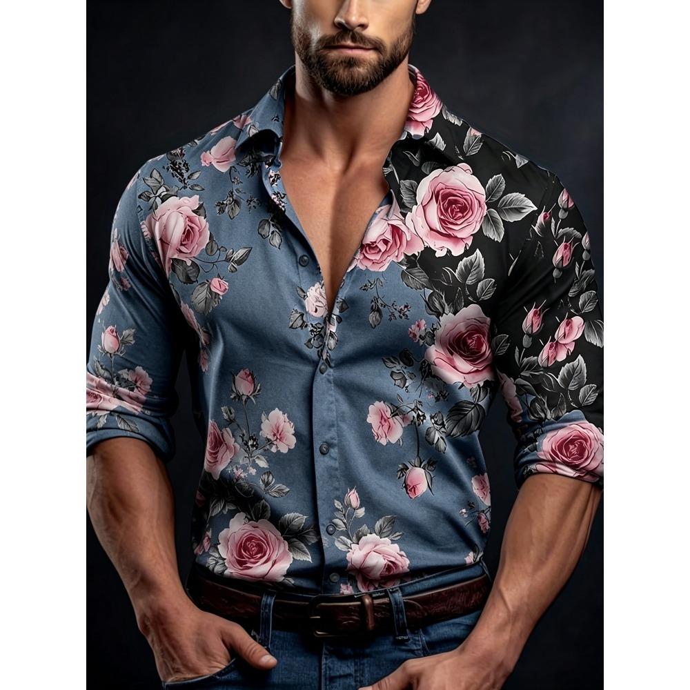 Men's Contrasting Rose Print Long Sleeved Shirt with Slim Fit Collar Shirt for Vacation Parties and Street Fashion Tops