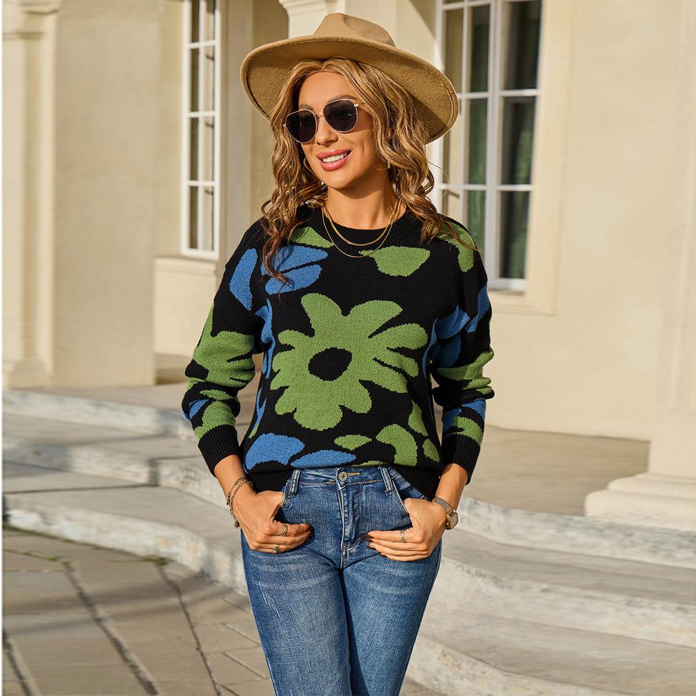 

Новый осенне-зимний пуловер с круглым вырезом для женщин, повседневный и универсальный вязаный свитер с длинным рукавом и цветочным принтом XL чёрный