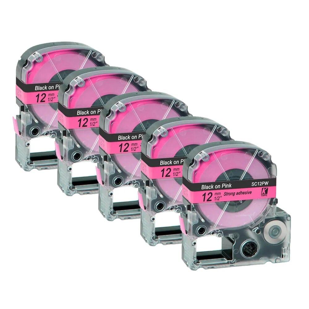 5 pachete 12 mm negru pe alb etichetă compatibilă Epson LC-4WBN / SS12KW SC12RW SC12YW ST12KW pentru imprimanta Epson LW300 LW400 500 600