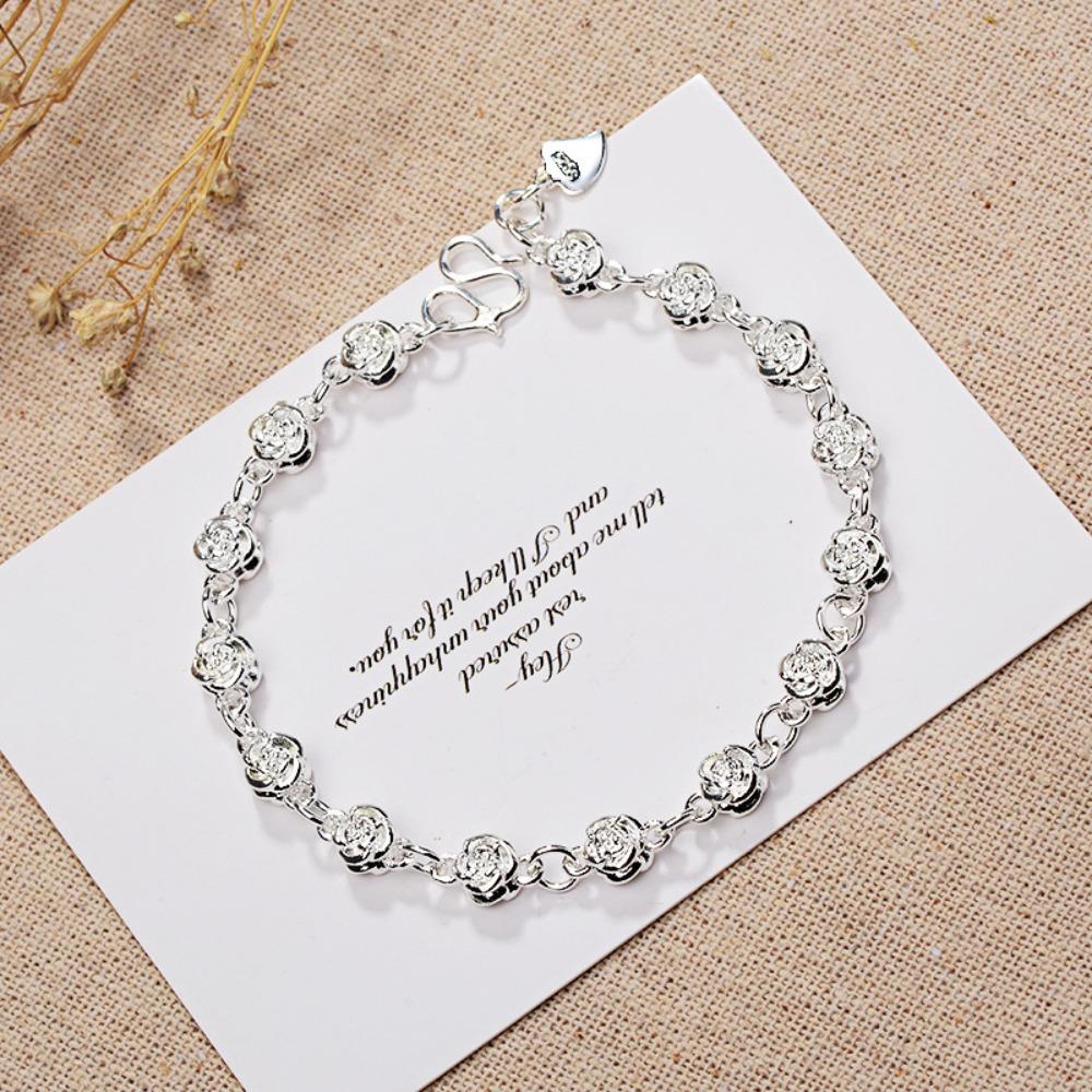 Elegant Silver Bracelet for Women with Rose Flower Design Sterling Silver Jewelry Gift