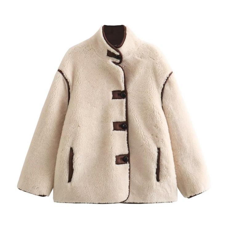 Winter Warm Fleece Jacket Women Casual Loose Coat High Collar Button Zipper Outerwear Fashion Thick Coat S