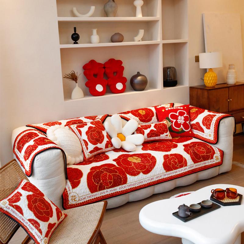 Modern Style Short Plush Sofa Cover Floral Pattern Winter Warmth Couch Cushion Home Living Room Decoration Anti-slip Slipcover