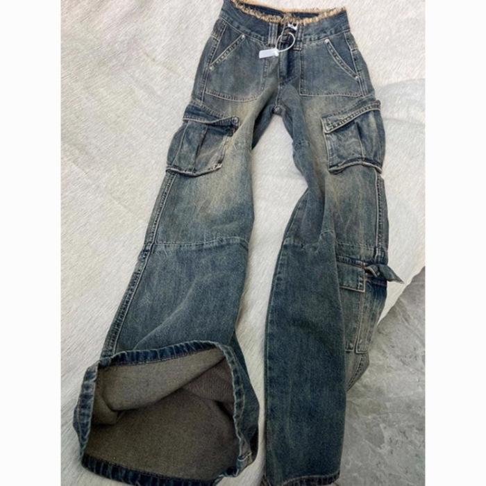 Retro denim overalls women s design straight-leg pants loose and thin micro-flared pants S