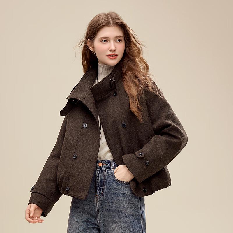 Betu Women's Winter Stand Collar Double-breasted Wool Blend Short Coat