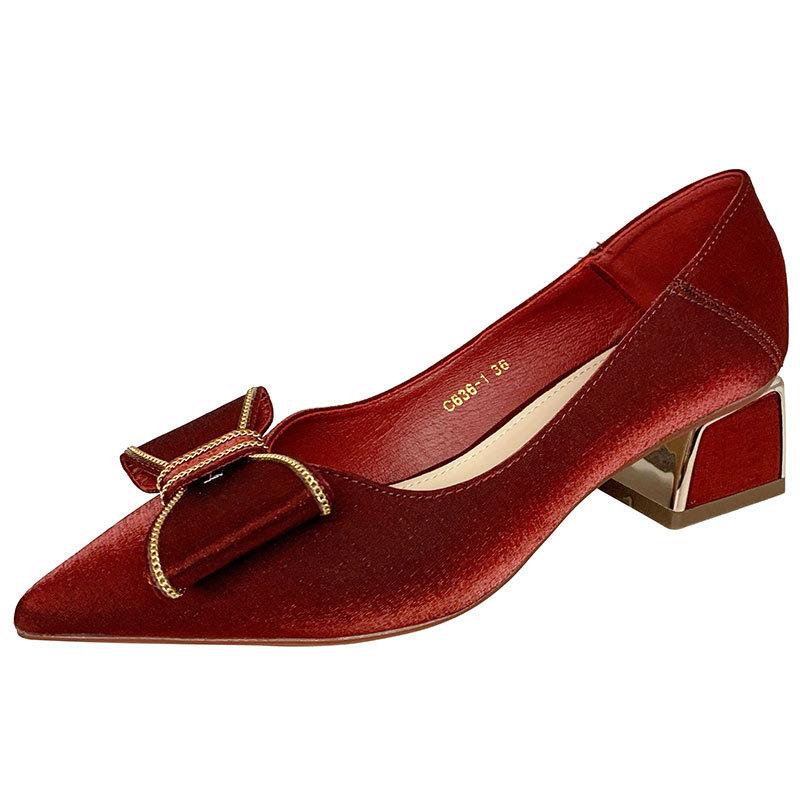 Single shoes women's thick heel mid-heel spring new women's shoes pointed head shallow mouth four-season shoes women's versatile bow high heels