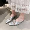 Square Toe Shallow Mouth Cutout Pleated Temperament Metal Slippers Summer New Baotou Pleated Low Heel Shoes
