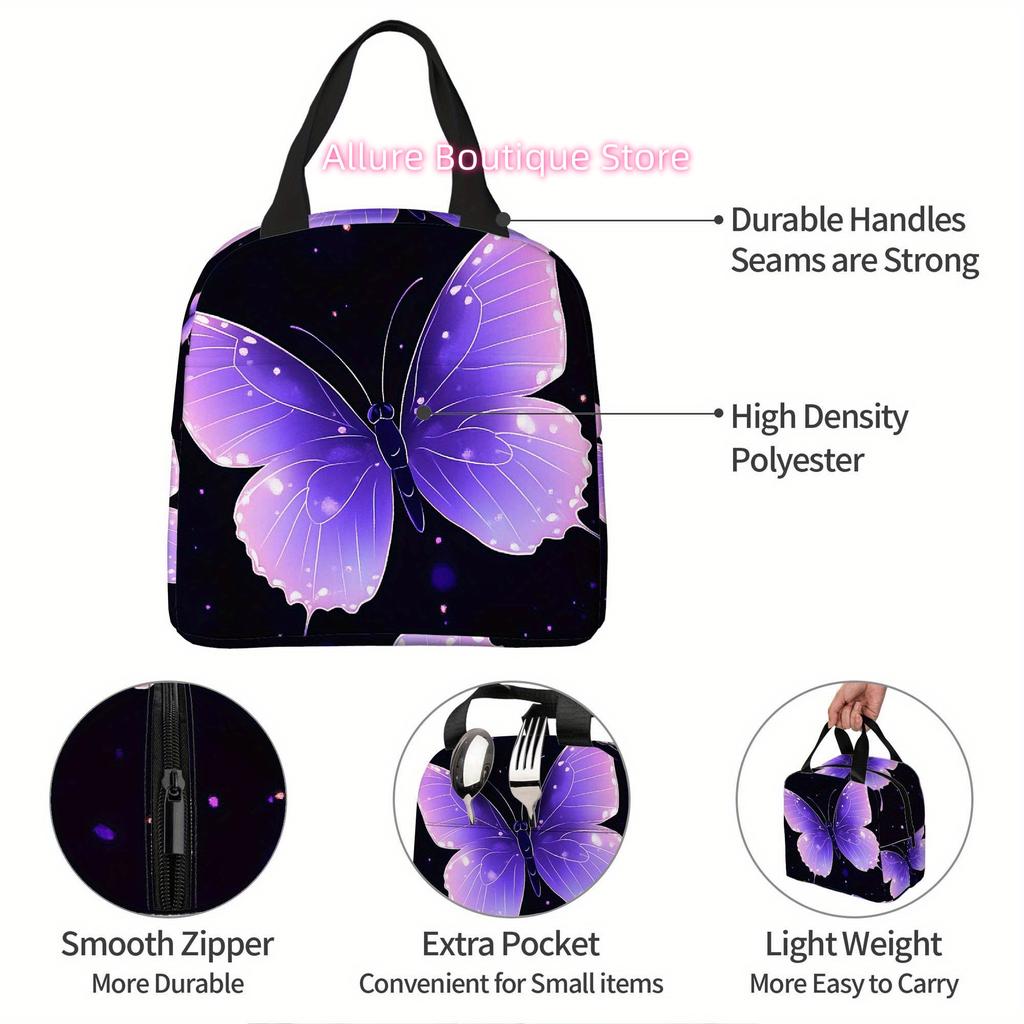 1pc, Purple Butterfly on Dark Background Printed Thermal Bag, Insulation Bag, Insulated Bag, No Food Contact, Suitable for Home,