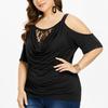 Fashion Womens Plus Size Lace Solid Cold Shoulder Cowl Neck T-shirt Tops Blouse