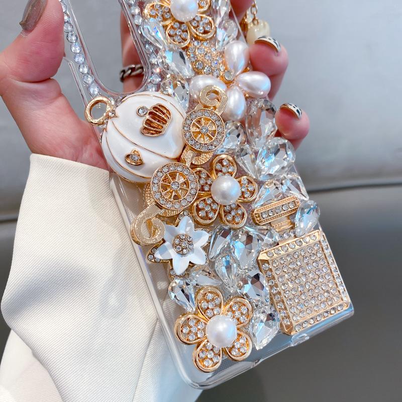 Luxus Bling Strass Handytasche für Samsung Galaxy Z Fold 4 3 2 DIY Diamant 3D Kürbis Perle Blume Herz Abdeckung
