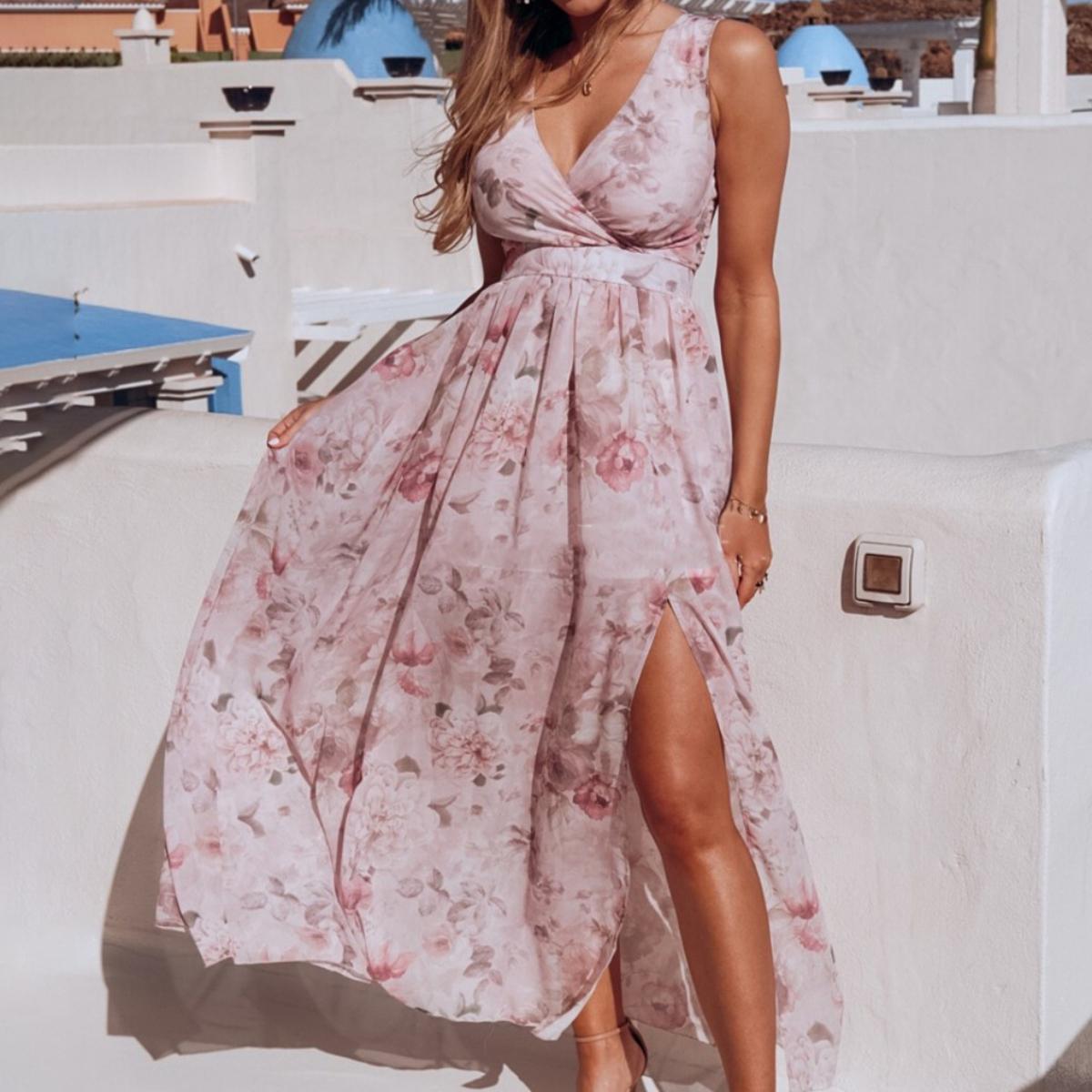 

2025 Новое весенне-летнее печатное шифоновое платье без рукавов для отдыха на пляже с разрезом, длинное платье M розовый