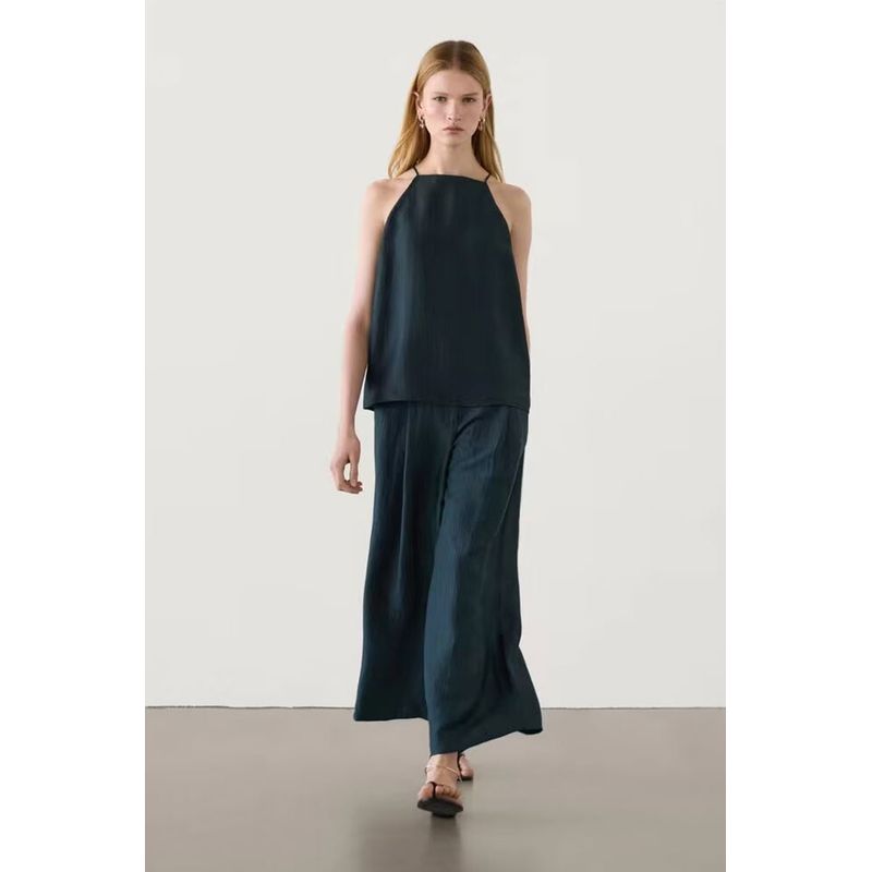 MD Women clothes French style Minimalist Static Luxury Style Retro Dark Green off-Shoulder Sling Sleeveless Shirts 05156884567