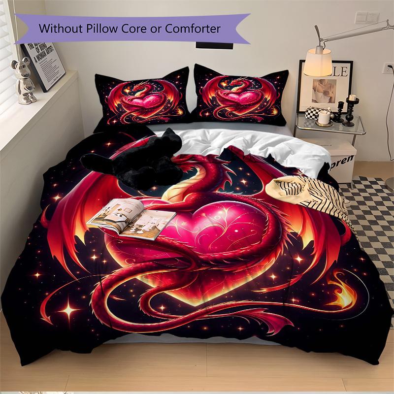 3pcs Dragon Embracing a Heart Print Cover Set Ultra Soft, Breathable, and Comfortable Bedding with Stylish Design for Bedroom and Guest Room Deco