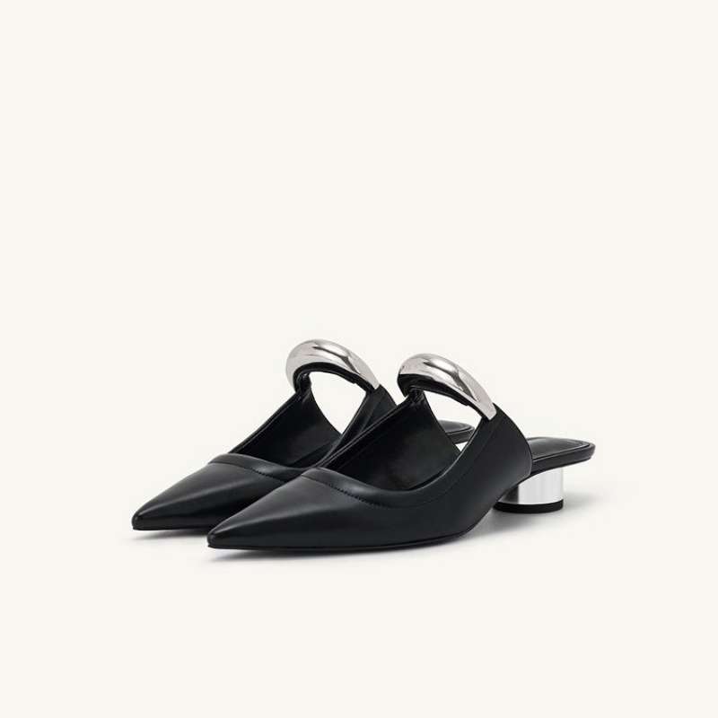 

Французские простые остроносые мюли женские 2025 лето новый ретро-мода металлическая сумка голова толстый каблук полушлепанцы 40