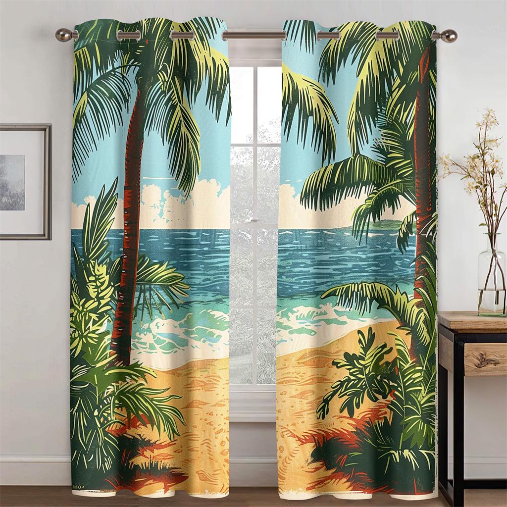 

Винтажный стиль Пляжная сцена Шторы Пальма Береговая линия Подходит для спальни Гостиная Кухня Балкон Окно Декор 2 Панели 50W130H(CM)X2PCS&Hook