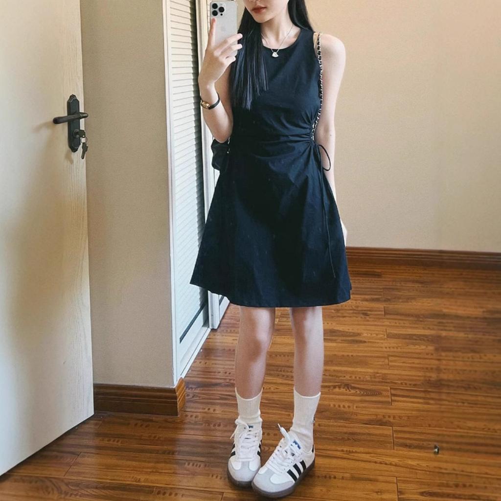 Summer salt fried street sleeveless vest black dress waist thin milk small a-word short skirt