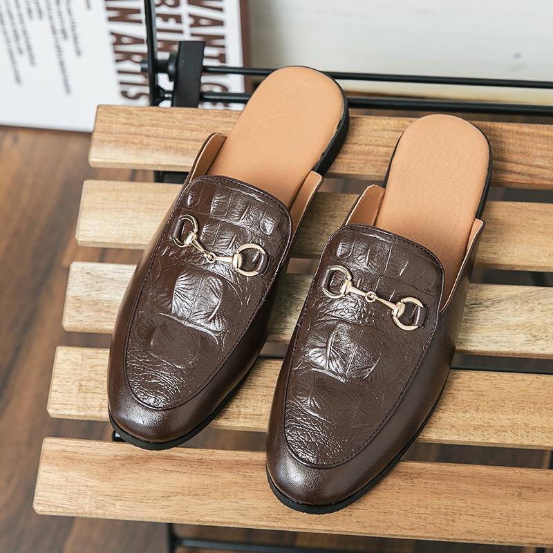 Luxury Designer Brand Mens Iron Clasp Crocodile Pattern Loafers Slippers for Male Half Shoes for Men Casual Shoes Slip On Flats