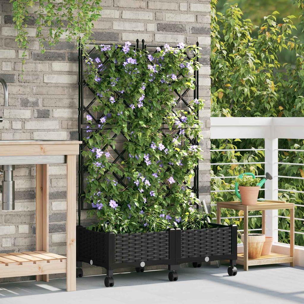 Planters with Trellis and Wheels 2 Pieces Black PP