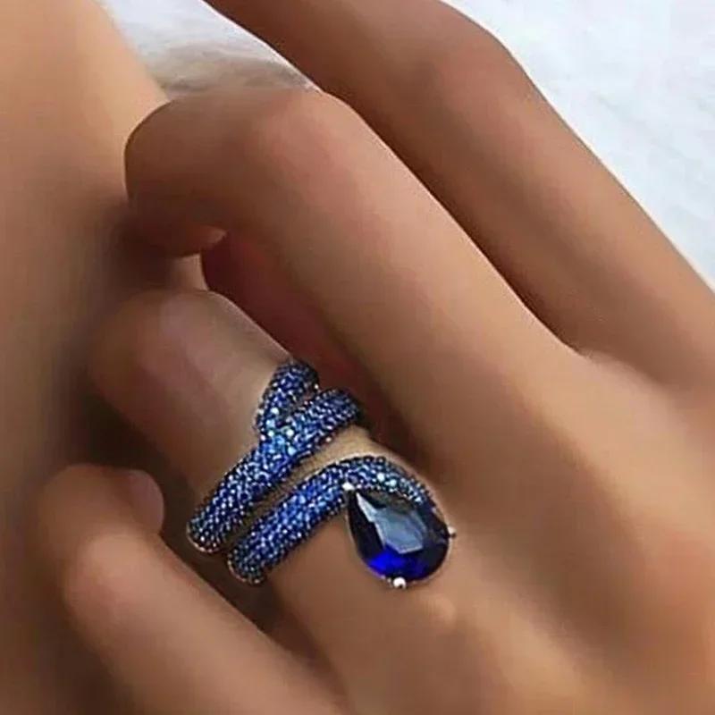 

New Luxury Winding Women Wedding Ring with Water Drop Stone Micro Pave CZ Blue/Green Colors Marriage Party Lady Rings Zircon 6