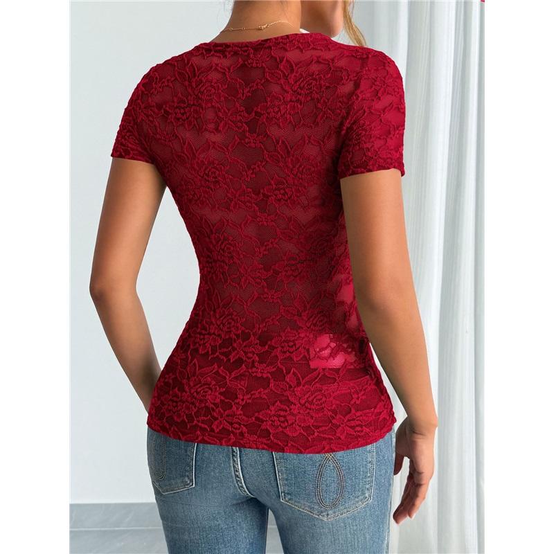 Damen V-Ausschnitt Spitze Patchwork Oberteil Europäischer Amerikanischer Stil Herbst Neu Taille Freigelegt Nabel Modische Lässige Kleidung