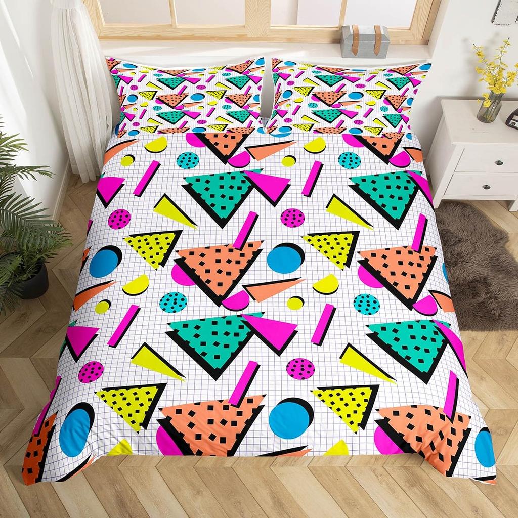 Memphis Geometric Duvet Cover Twin KingRetro Style Round Triangle Shapes Quilt Cover Colorful Graphic 80s 90S Style Bedding Set
