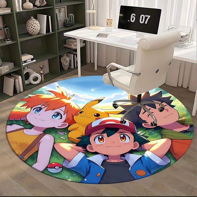 1 Stück Pokémon Pikachu & Freunde Runder Teppich - Anime Design Stuhlunterlage, Bürogeschenk, Saisonale Dekoration, Geeignet für Zuhause, Wohnzimmer