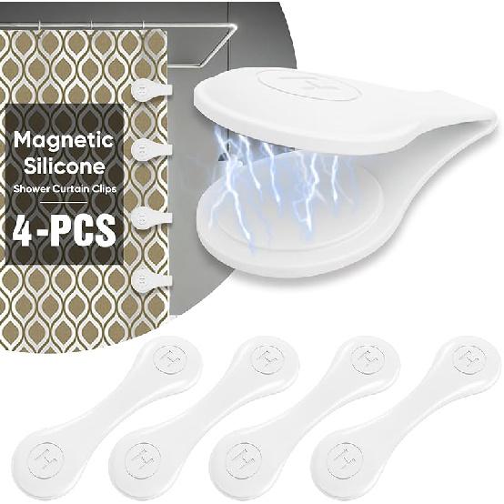 4 Pack Magnetic Silicone Shower Curtain Clips for Keeping Liner Closed to Wall Agat Water Splashing Out, Self Adhesive Windproof Splash Holder, Easy
