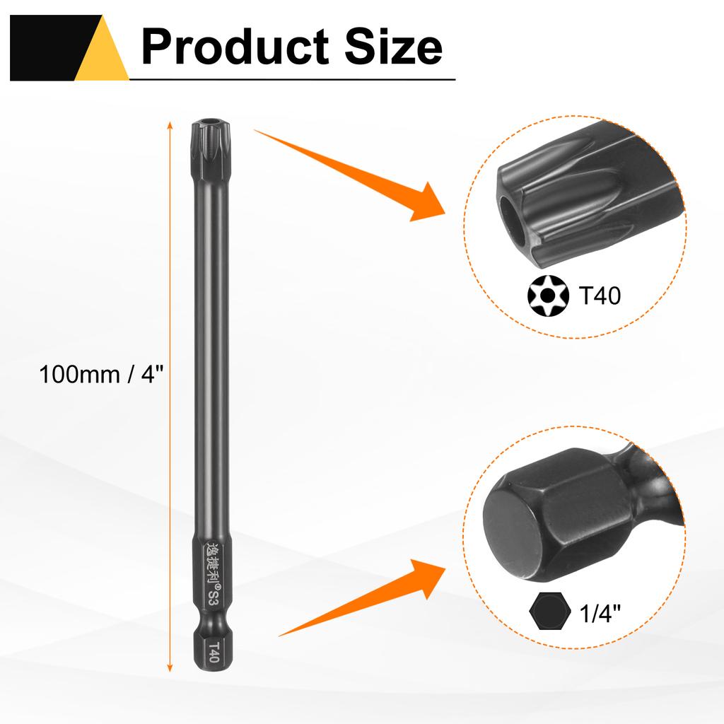 6pcs T6-T40 Torx Screwdriver Bit 1/4" Hex Shank 75mm/100mm S3 Steel Magnetic Tamper Proof Star 6 Point Head Hex Screw Driver Bit