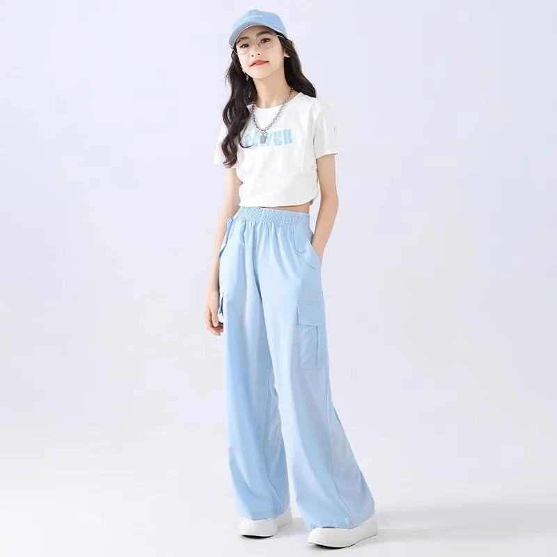 Girls Wide Leg Pants Children's Ice Silk Trousers Anti Mosquito Pants Teen Sports Style Clothing Kids Streetwear Cargo Pant