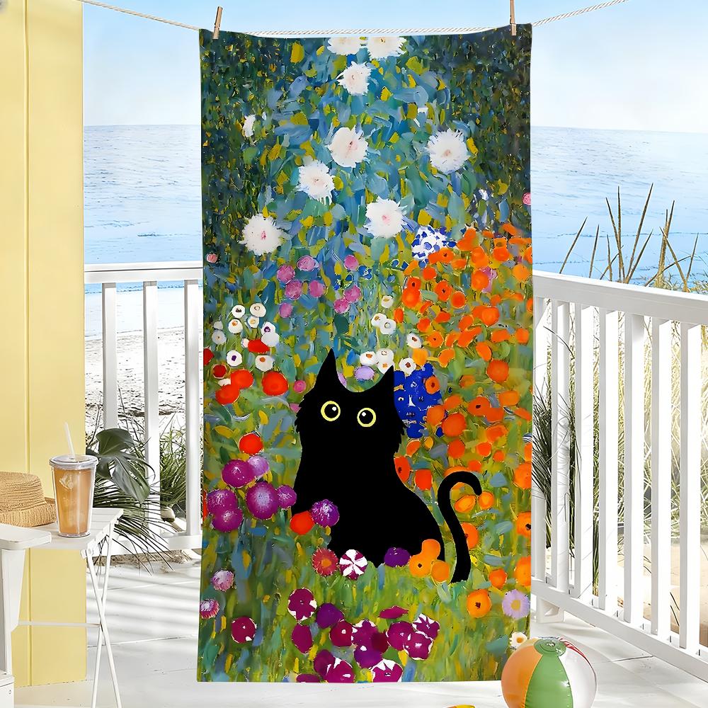 Art Black Cat In Flowers Garden Towel Soft Pool Gift For Travel Gym Shower Camping Quick Dry Sports Large Beach Towels