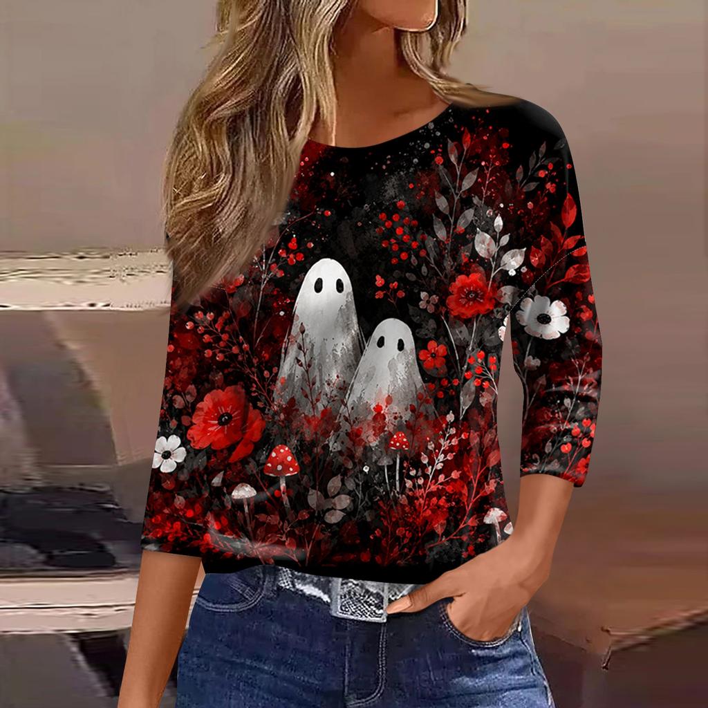 Women's Casual 3/4 Sleeve Halloween Print Round Neck Blouse for Party and Daily Wear