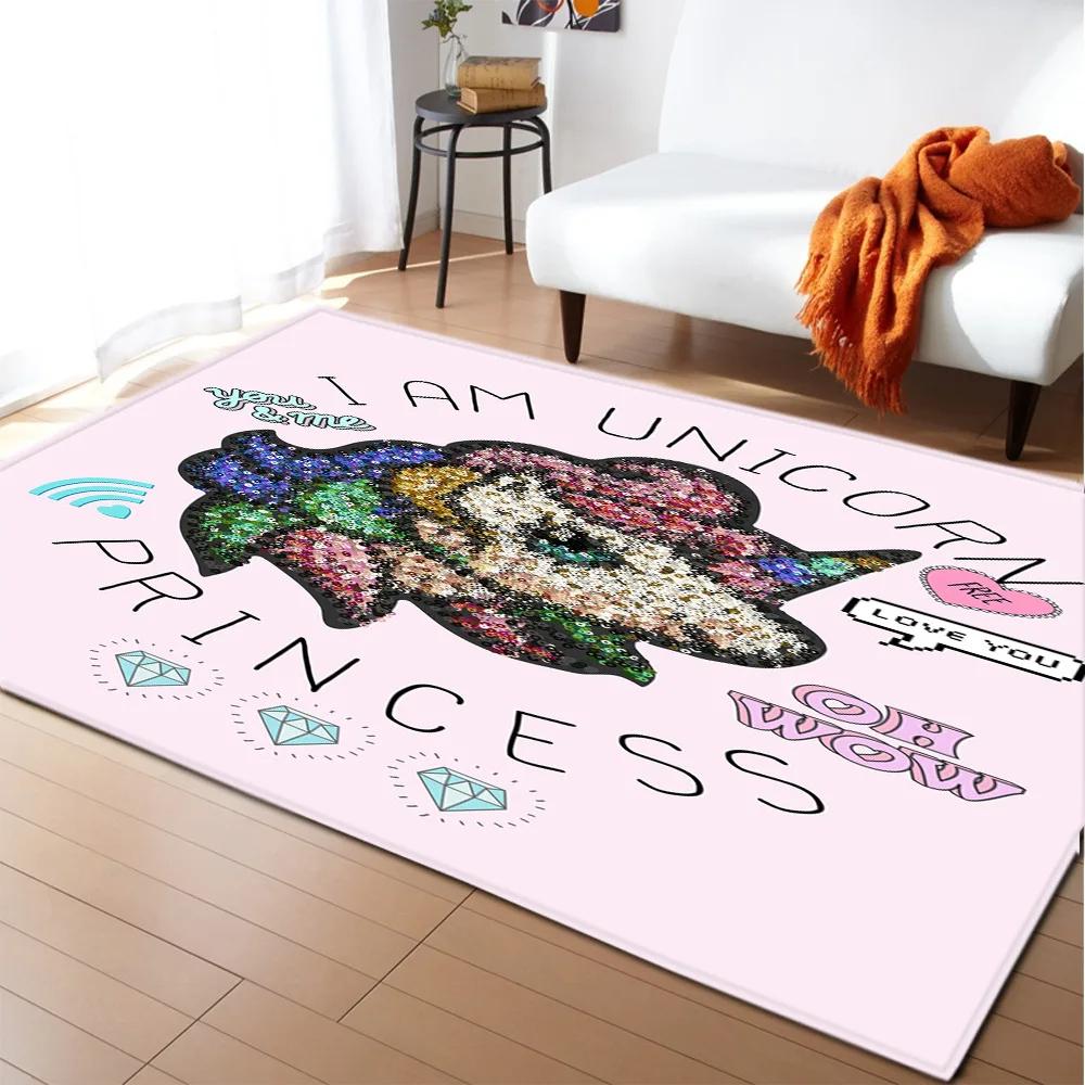 Kids Cartoon Unicorn Carpet Fantasy Animal Crawling Mat Doormat Living Room Area Rug Rainbow Shiny Girls Bedroom Soft Floor Mats
