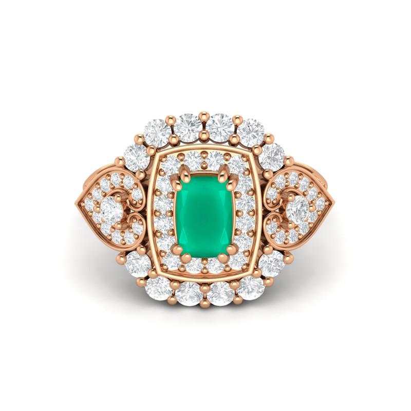 6X4MM Cushion Green Onyx Gemstone 925 Sterling Silver Rose Plated Solitaire Halo Women Engagement Ring
