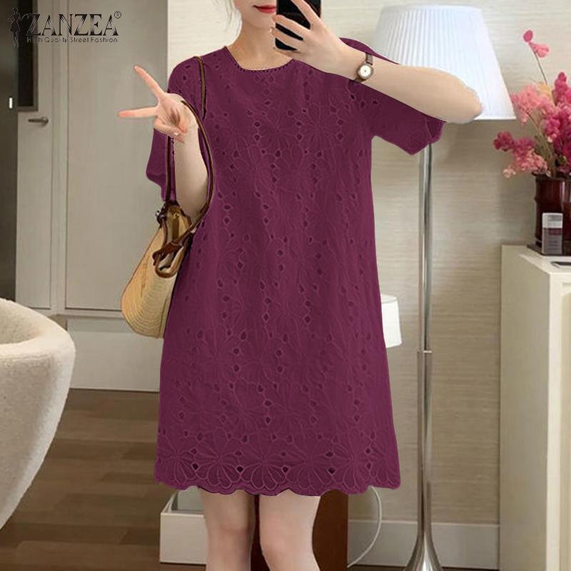ZANZEA Rochie Casual de Damă cu Gât Rotund, Mânecă Scurtă, Patchwork, Brodată