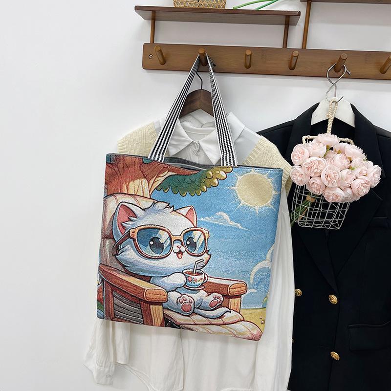 New Jacquard Canvas Bag 3D Three-dimensional Embroidered Flower Butterfly Large-capacity Shoulder Bag Women's Bag Portable Shopping