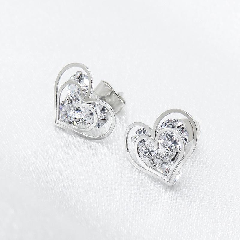 JUSTOP Korean Style Double Heart Zircon Rhinestone Earrings with Hollow Design