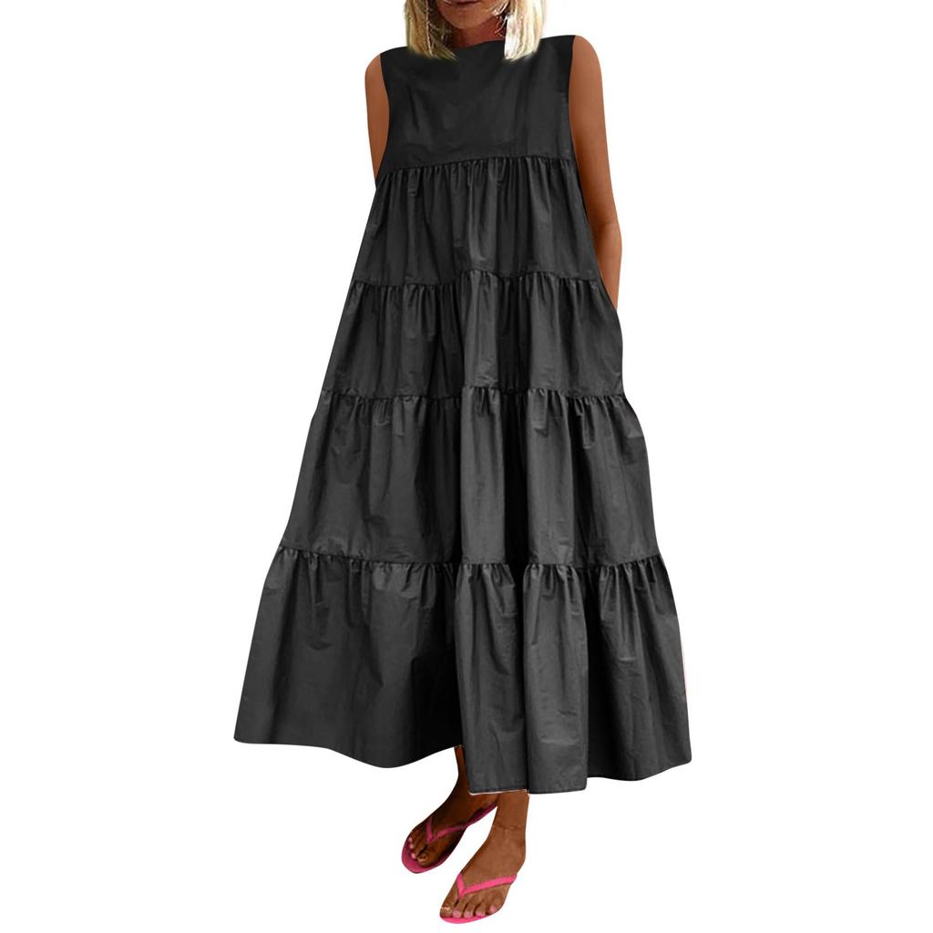 Moda feminina sem mangas cor sólida casual solto sem bolso vestidos de gola redonda