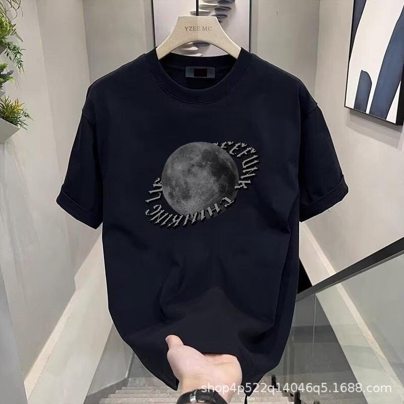 Creative Printing Pure Cotton Short-Sleeved T-Shirt Men'S Trendy Brand Ruffian Handsome Half-Sleeved T-Shirt Summer Casual Half-Sleeved