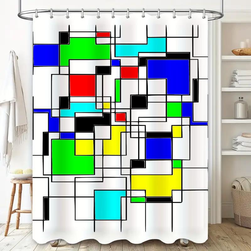 Modern Art Shower Curtain, Geometric Design with Blue, Green, Yellow, Black White Blocks Perfect for Bathroom Decor [Customizabl